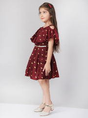 Butterfly Printed Off Shoulder Fit & Flare Knee Length Cape Georgette Dress For Girls