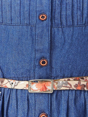 Denim Self-Design Woven Long Sleeve Embroidered Shirt Dress For Girls