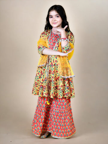 Gota Patti Ethnic Yellow & Red Printed 3 Piece Kurta Sharara & Dupatta Set In Cotton For Girls