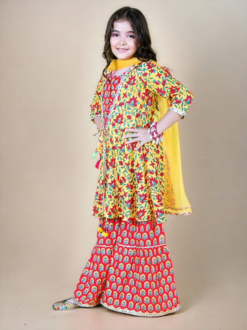 Gota Patti Ethnic Yellow & Red Printed 3 Piece Kurta Sharara & Dupatta Set In Cotton For Girls
