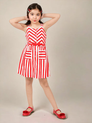 Shoulder Straps Sleeveless Polyester Striped Dress For Girls
