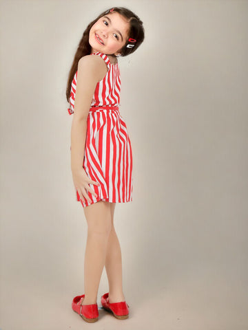 Shoulder Straps Sleeveless Polyester Striped Dress For Girls