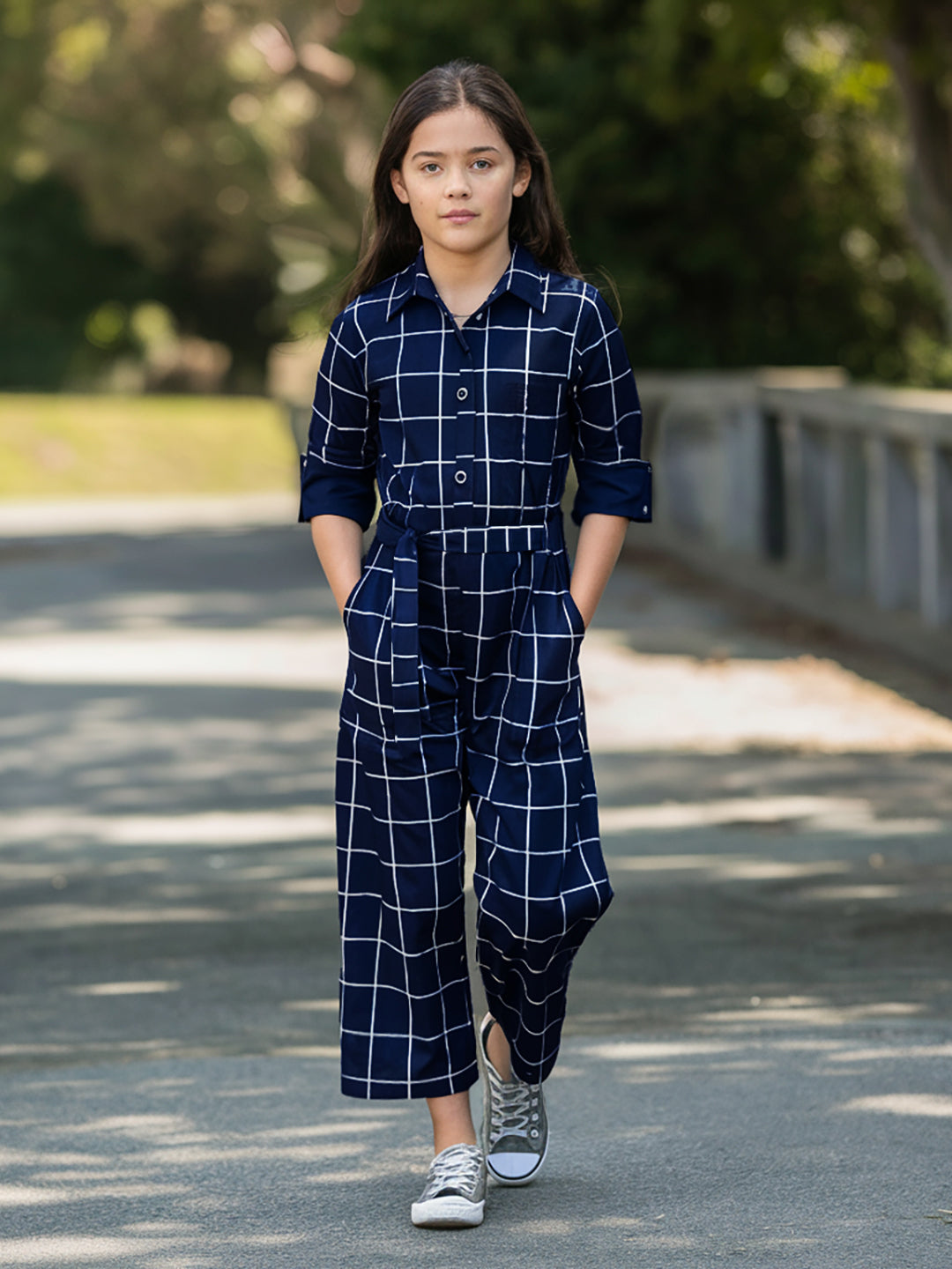 Girls Rayon Checks Jumpsuit