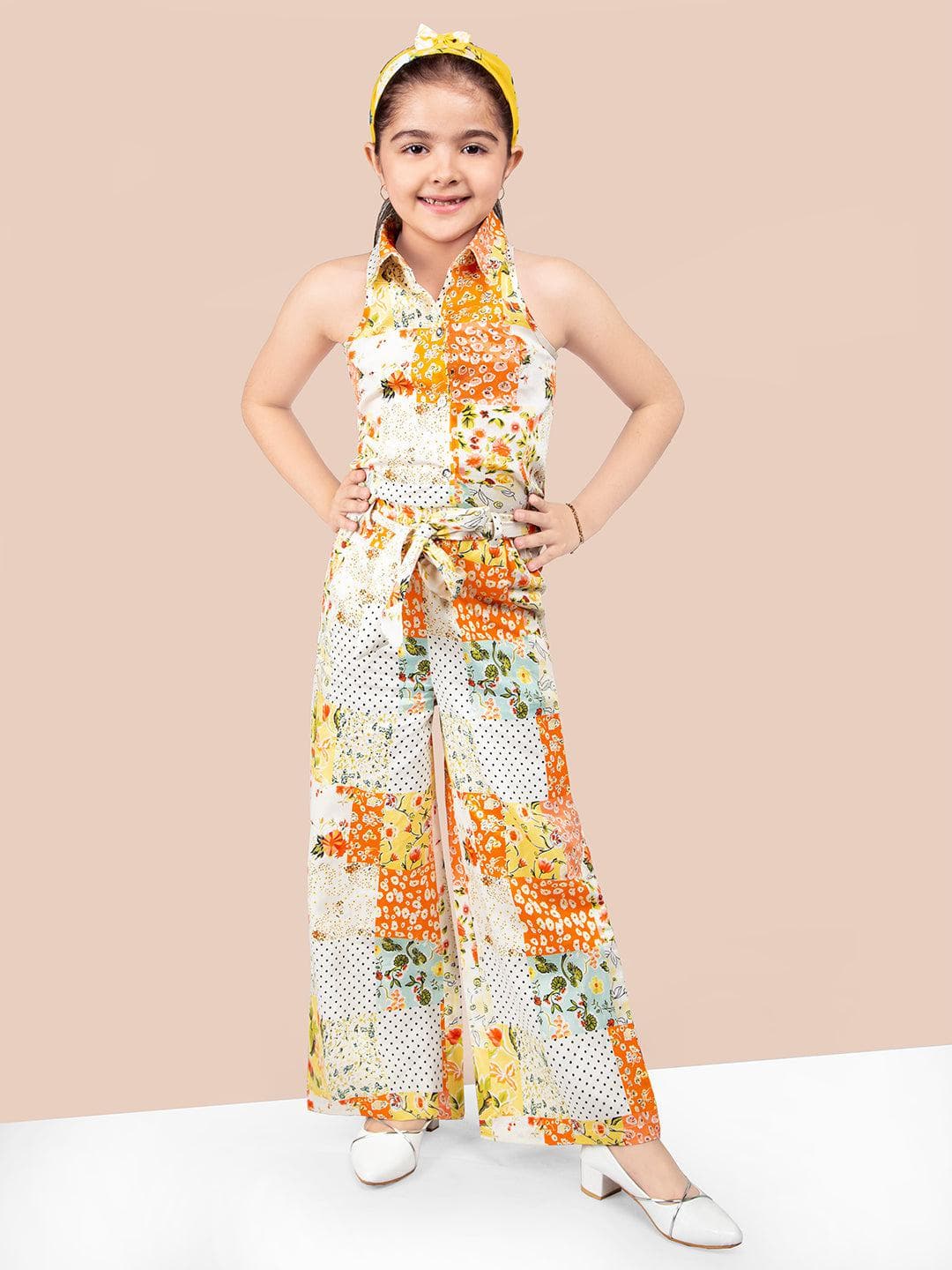 Naughty Ninos White & Orange Floral Printed Top With Palazzos Clothing Sets