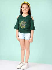 Off Shoulder Bell Sleeves 2 Piece Cotton Clothing Set Top with Shorts For Girls