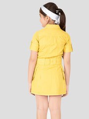 Solid Pure Cotton Spread Collared Shirts Dress For Girls