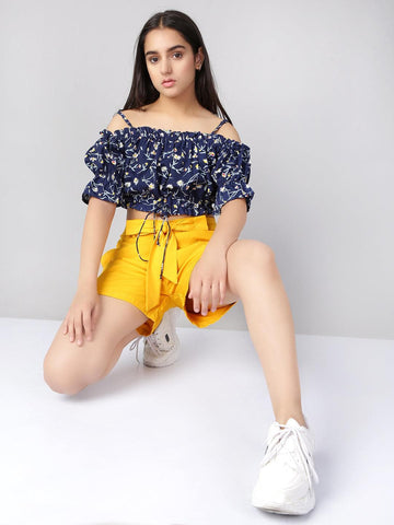 2 Piece Floral Printed Off Shoulder Straps Polyester Clothing Set Top with Shorts For Teens