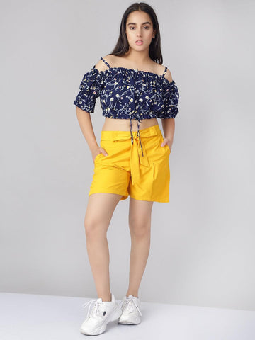 2 Piece Floral Printed Off Shoulder Straps Polyester Clothing Set Top with Shorts For Teens