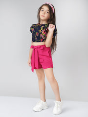 2 Piece Floral Printed Short Sleeves Polyester Clothing Set Top with Shorts For Girls