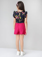 2 Piece Floral Printed Short Sleeves Polyester Clothing Set Top with Shorts For Girls