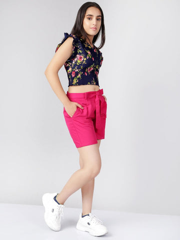 2 Piece Floral Printed Short Sleeves Polyester Clothing Set Top with Shorts For Teens