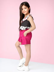 2 Piece Floral Printed Sleeveless Polyester Clothing Set Top with Shorts For Girls