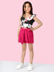 2 Piece Floral Printed Sleeveless Polyester Clothing Set Top with Shorts For Girls