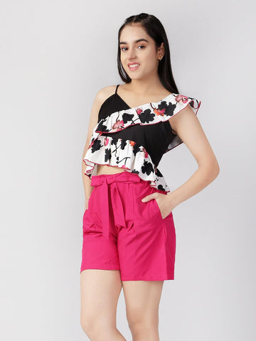2 Piece Floral Printed Sleeveless Polyester Clothing Set Top with Shorts For Teens