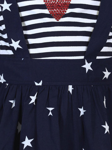 A-Line Striped & Star Printed Rayon Sleeveless Pinafore Dungaree Dress With T-Shirt For Girls