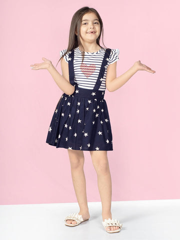A-Line Striped & Star Printed Rayon Sleeveless Pinafore Dungaree Dress With T-Shirt For Girls
