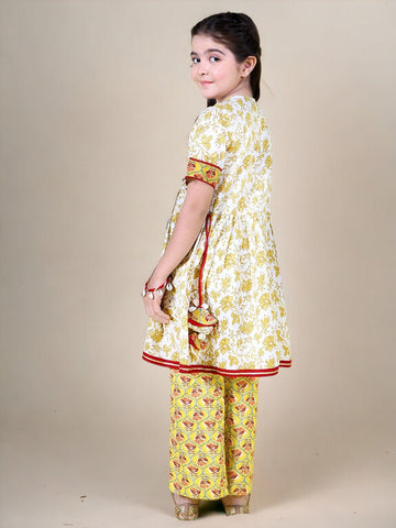 Beige & Yellow Gota Patti Ethnic Printed 2 Piece Kurta Palazzo Set In Cotton For Girls