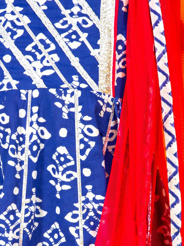 Blue & Pink Gota Patti Ethnic Printed 3 Piece Kurta Palazzo & Dupatta Set In Cotton For Girls