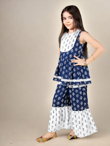 Blue & White Gota Patti Ethnic Printed 2 Piece Kurta Sharara Set In Cotton For Girls