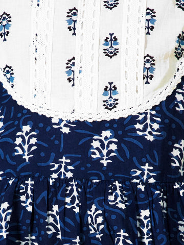 Blue & White Gota Patti Ethnic Printed 2 Piece Kurta Sharara Set In Cotton For Girls