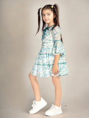 Butterfly Printed Floral Polyester Tie-Up Neck Georgette Dress For Girls
