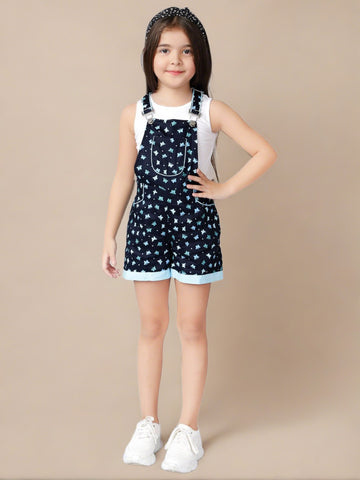 Butterfly Printed Pure Cotton Sleeveless Dungaree With Pockets & T-Shirt For Girls