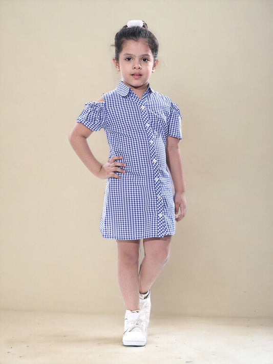 Checked Off Shoulder Cotton Shirt Dress For Girls 1080