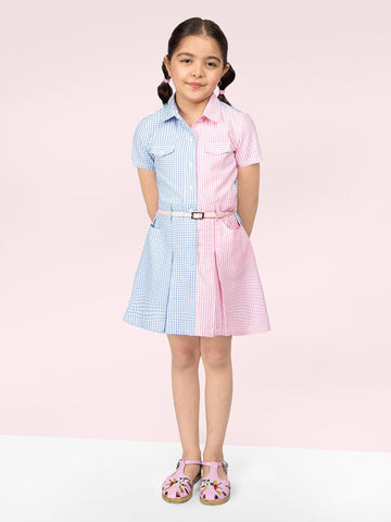 Checked Printed Shirt Collar Neck Cotton Dress With Belt For Girls