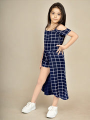 Checked Shoulder Strap Printed Rayon Fit & Flare Dress For Girls