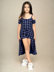 Checked Shoulder Strap Printed Rayon Fit & Flare Dress For Girls