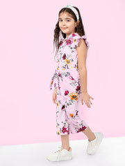 Collar Neck Floral Sleeveeless Polyester Printed Capri Clothing Set Top & Pants For Girls