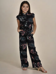 Collar Neck Polyester Sleeveless Floral Jumpsuit With Pockets For Girls