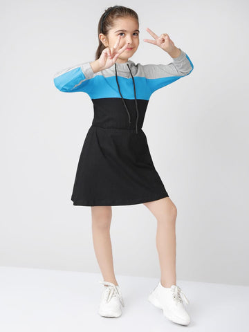 Colour Blocked Cotton A-Line Long Sleeves With Cap Dress For Girls