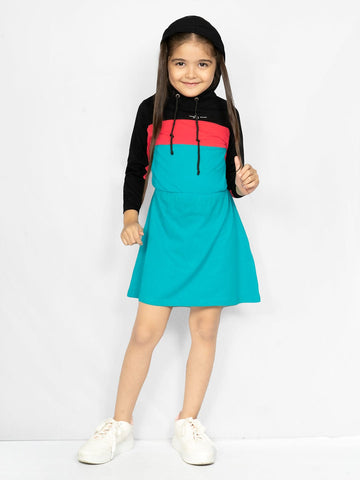 Colour Blocked Cotton A-Line Long Sleeves With Cap Dress For Girls