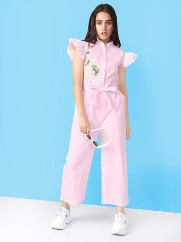 Cotton Embroidered Short Sleeves Jumpsuit For Teen Girls