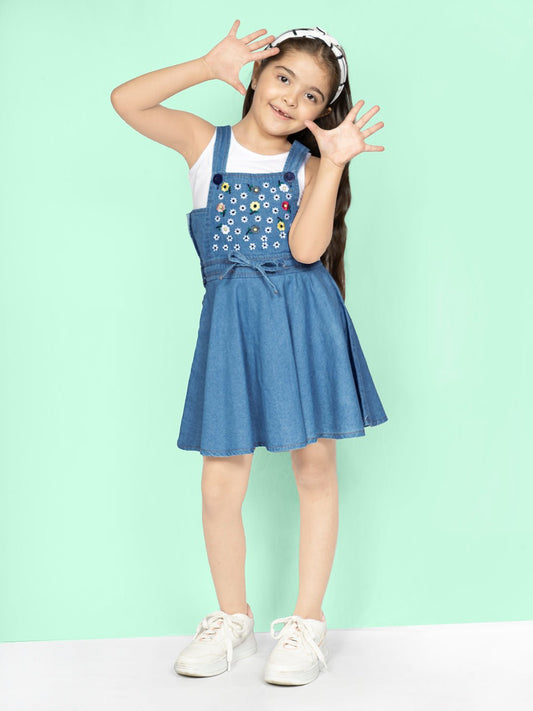 Denim Embroidered Sleeveless Cotton A-line Pinafore Dungaree Dress With White T-Shirt For Girls 1080