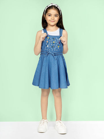 Denim Embroidered Sleeveless Cotton A-line Pinafore Dungaree Dress With White T-Shirt For Girls