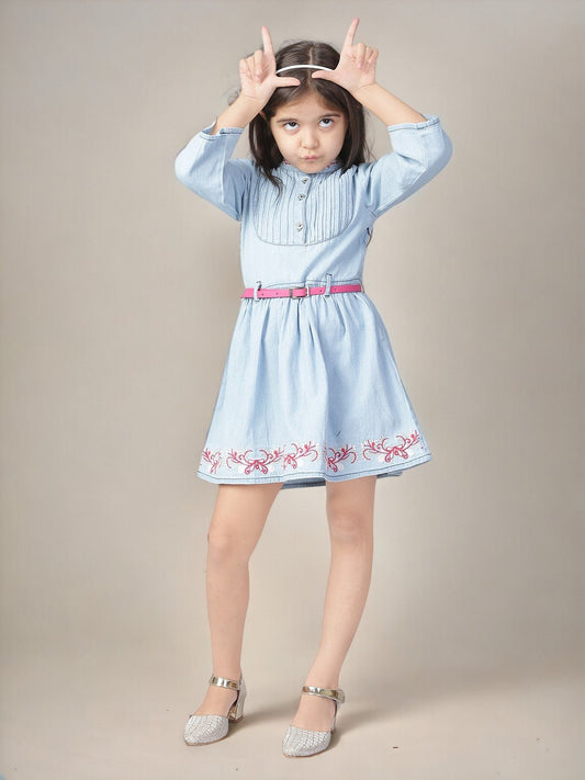 Denim Self-Design Woven Long Sleeve Embroidered Shirt Dress For Girls 1080