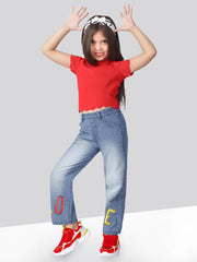 Embroidered Flared Heavy Fade Pure Cotton Jeans For Girls
