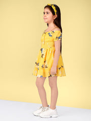 Floral Print Fit & Flare Off Shoulder Strap & Pleated Knee Length Polyester Dress For Girls