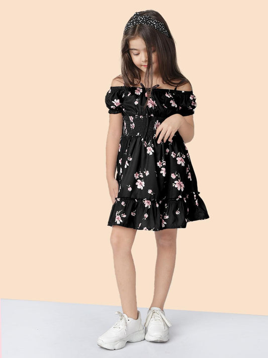 Floral Print Fit & Flare Off Shoulder Strap & Pleated Knee Length Polyester Dress For Girls 1080