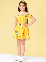 Floral Print Fit & Flare Off Shoulder Strap & Pleated Knee Length Polyester Dress For Girls