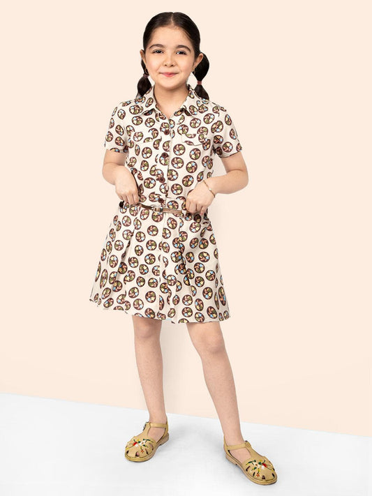 Floral Print Shirt Collar A-Line Fit & Flare Dress For Girls 1080