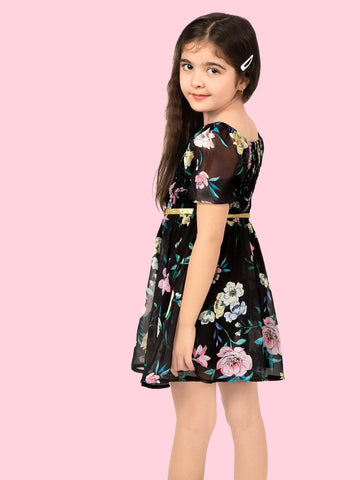 Floral Printed Fit & Flare Off Shoulder Puff Sleeve Above knee length Georgette Dress For Girls