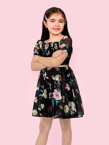 Floral Printed Fit & Flare Off Shoulder Puff Sleeve Above knee length Georgette Dress For Girls