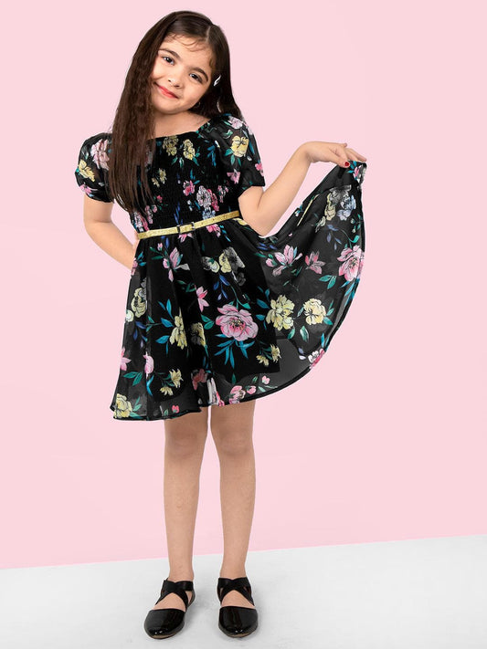 Floral Printed Fit & Flare Off Shoulder Puff Sleeve Above knee length Georgette Dress For Girls 1080
