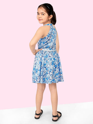 Floral Printed Halter Neck A-Line Sleeveless Cotton Dress With Belt For Girls