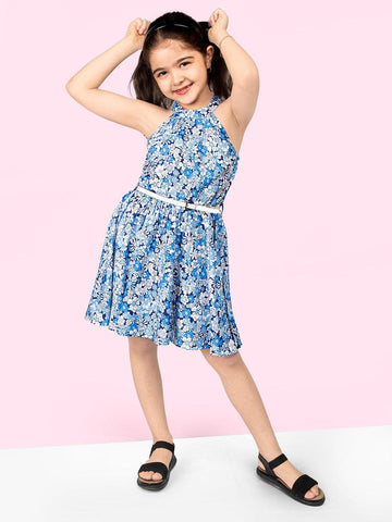 Floral Printed Halter Neck A-Line Sleeveless Cotton Dress With Belt For Girls