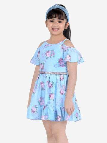 Floral Printed Polyester Off Shoulder Dress For Girls