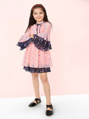 Floral Printed Polyester Tie-Up Neck Layered Fit & Flare Dress For Girls